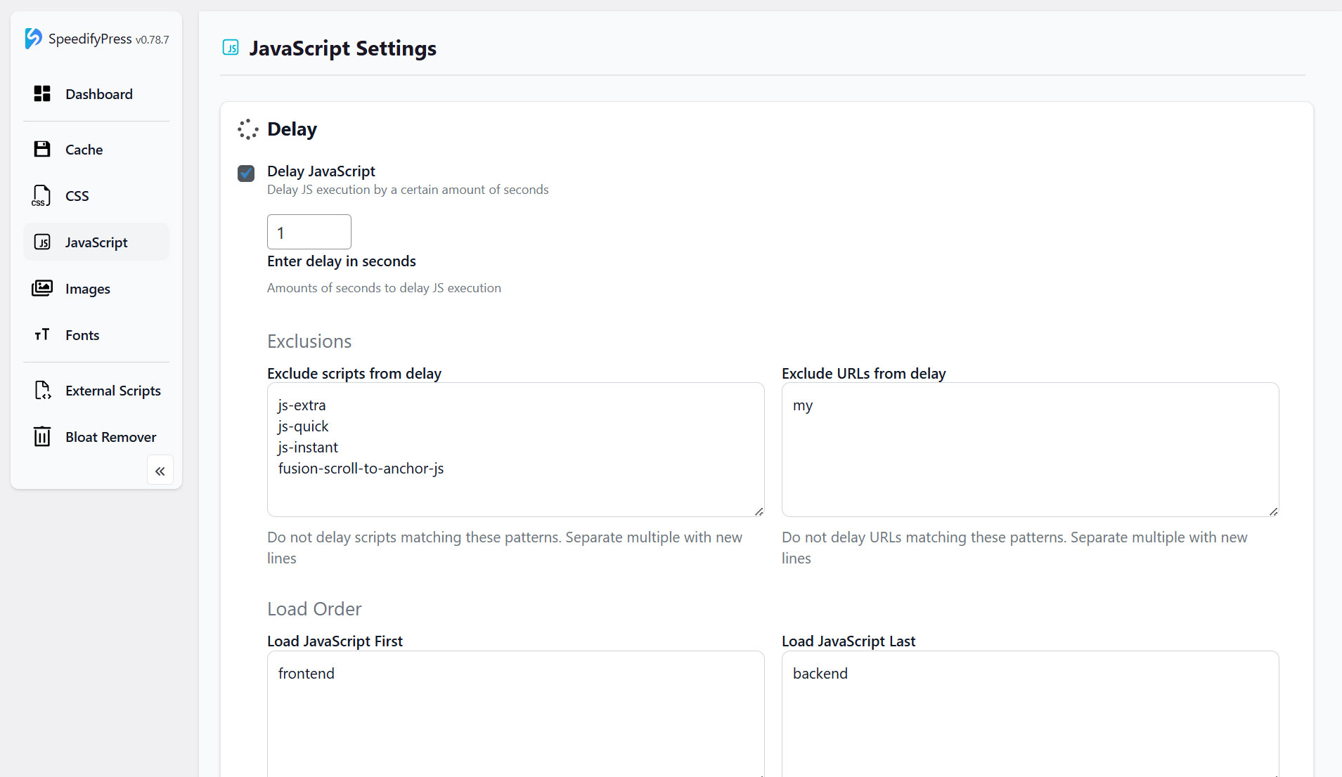 SpeedifyPress JavaScript Settings