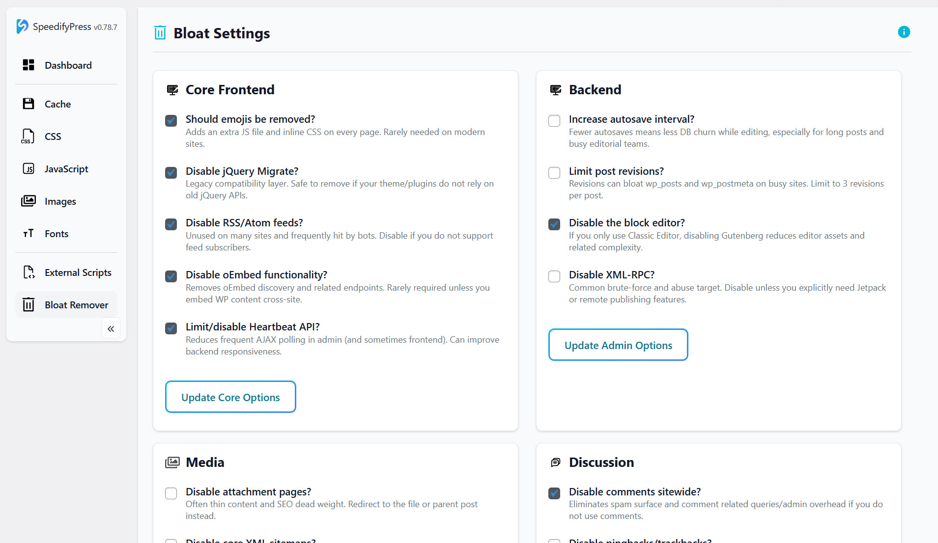 SpeedifyPress Bloat Settings